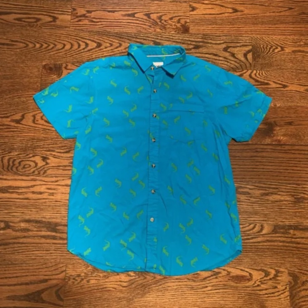 Plugg Vintage Mens Lizard Gecko Print Casual Button Down/Up Shirt, Size Medium